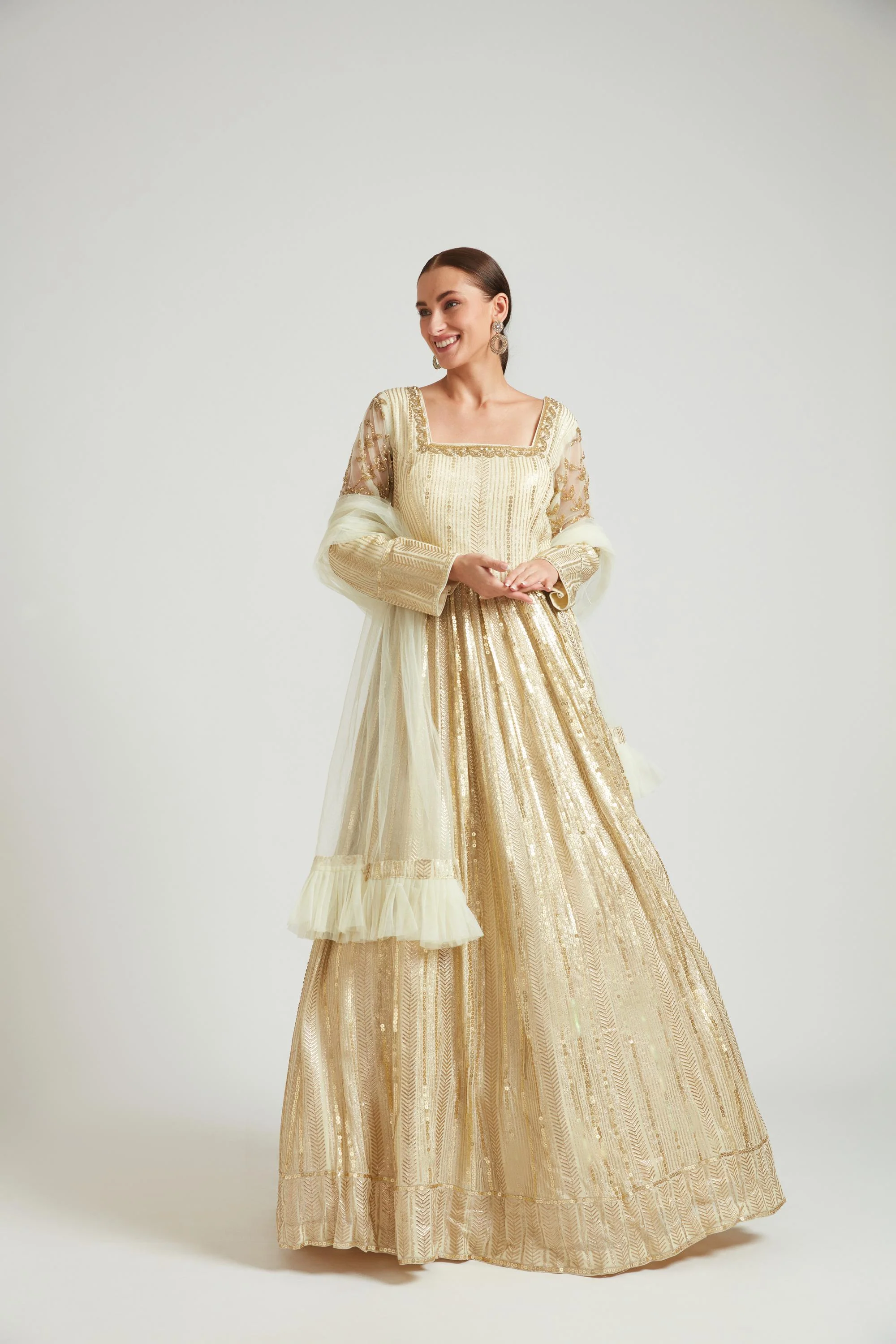 Neerus Gold Color Georgette Fabric Anarkali