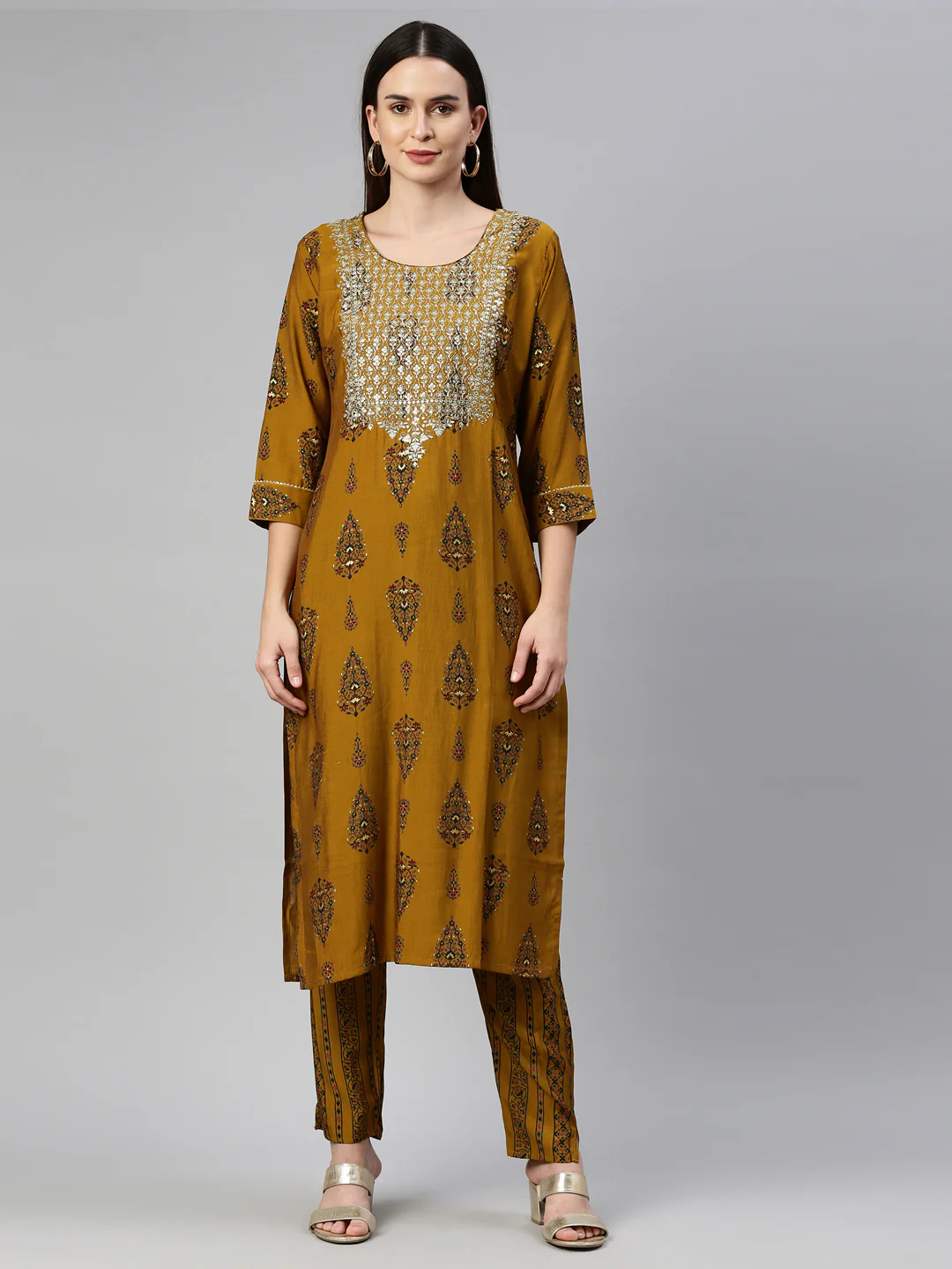 Neerus Gold Color Model Fabric Kurta Set - Image 2