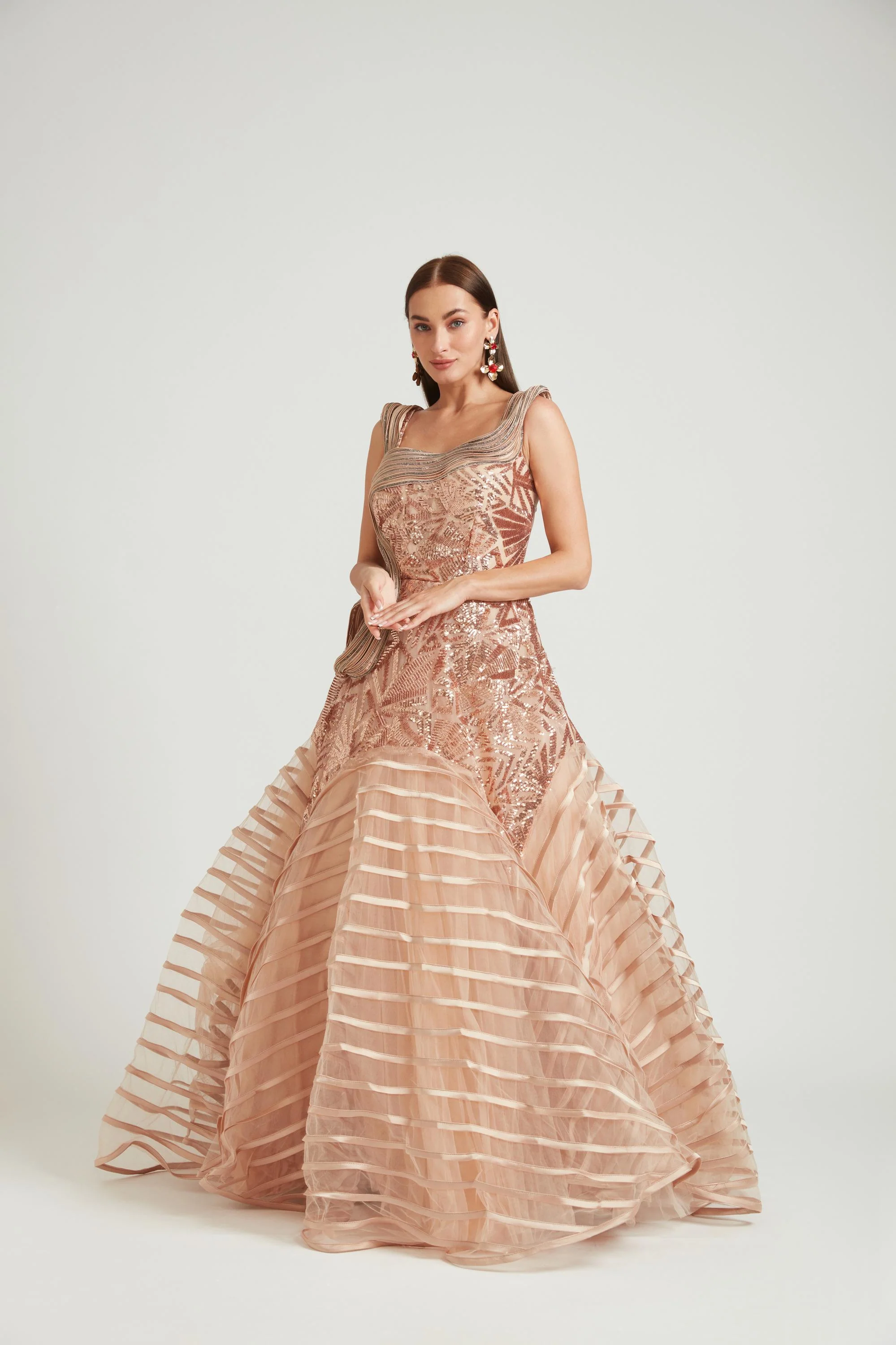 Neerus Gold Color Nett Fabric Gown