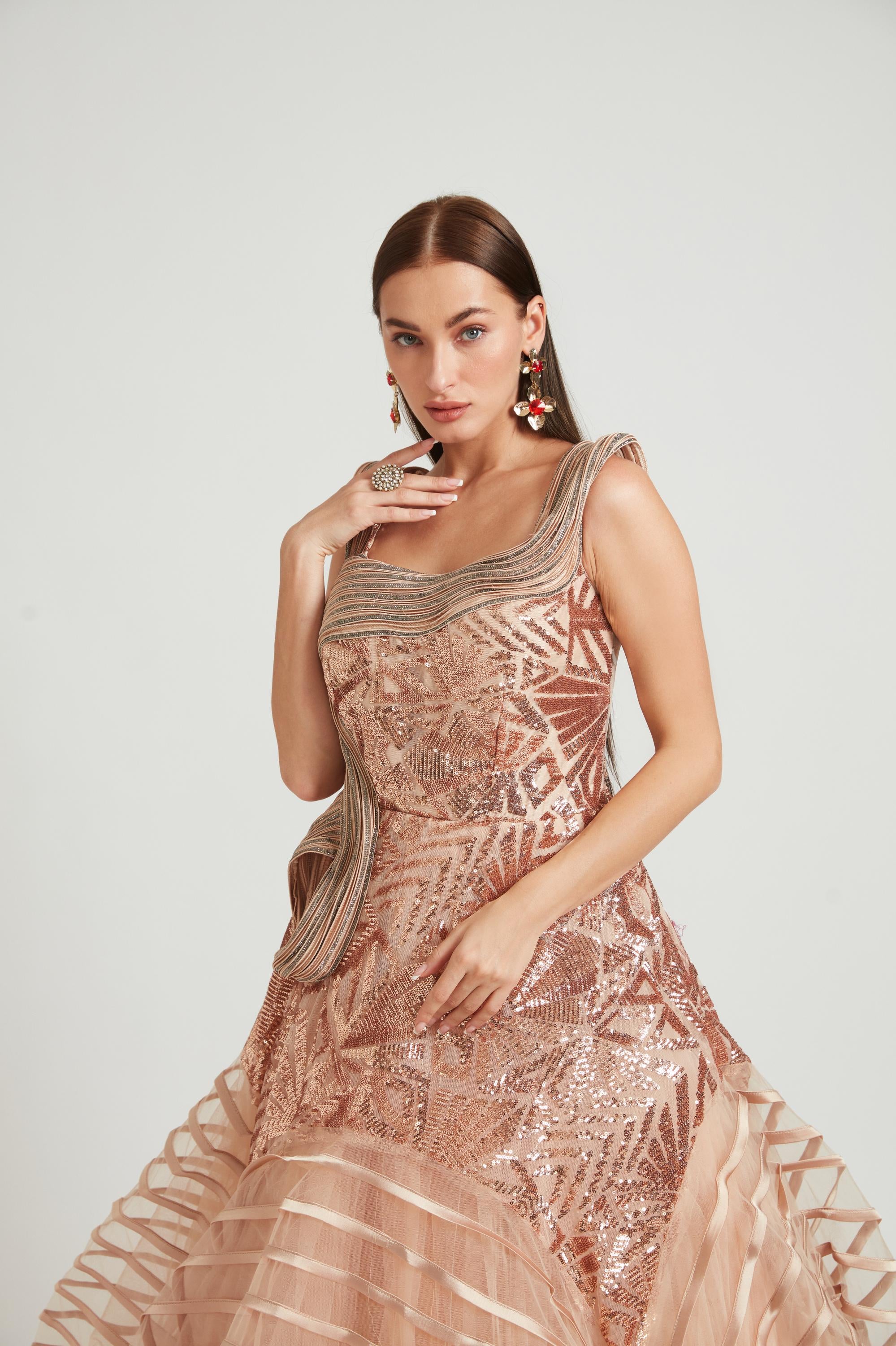 Neerus Gold Color Nett Fabric Gown - Image 4