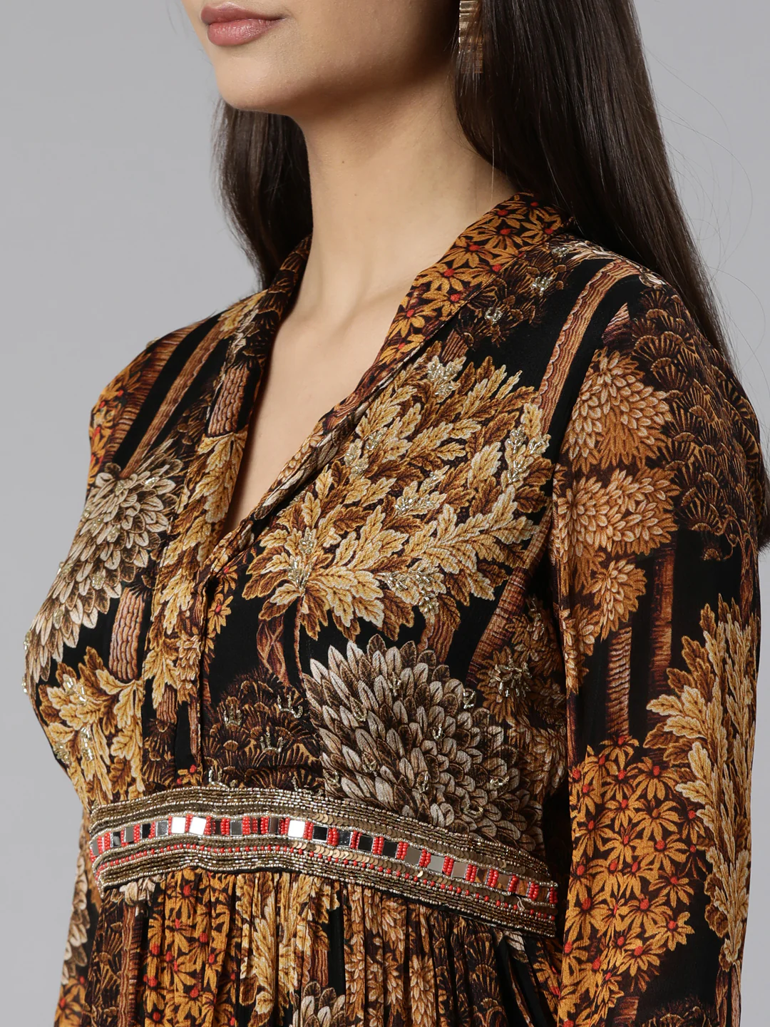 Neerus Gold Flared Casual Floral Dresses - Image 4