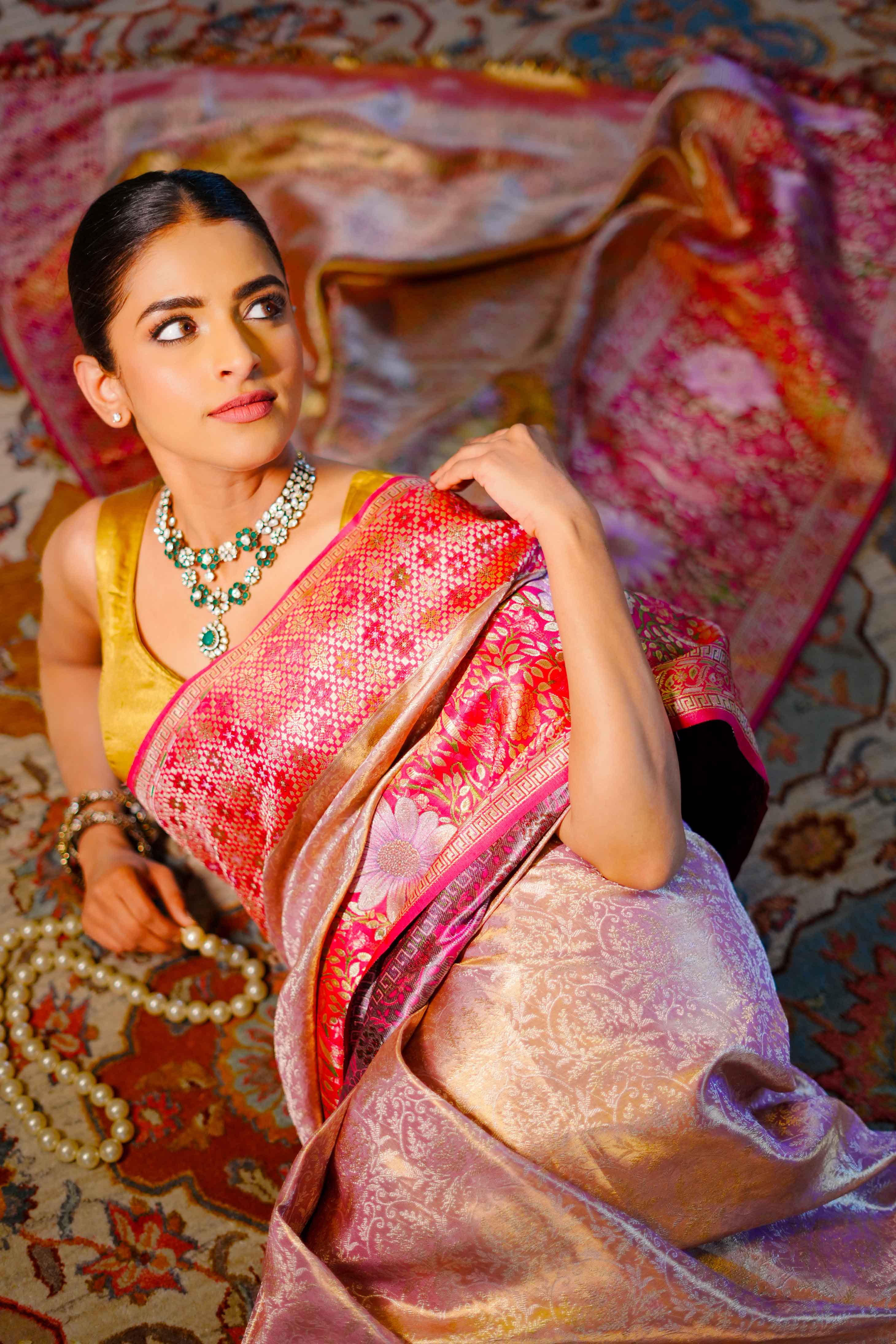 Neerus Gold Pure Silk Saree with Blouse - Image 3