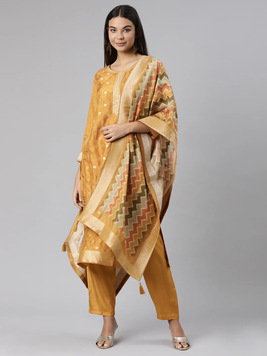 Neerus Gold Regular Straight Floral Readymade suits
