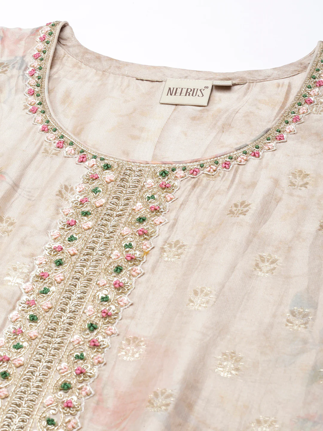 Neerus Gold Regular Straight Printed Kurta and Trousers With Dupatta - Image 4