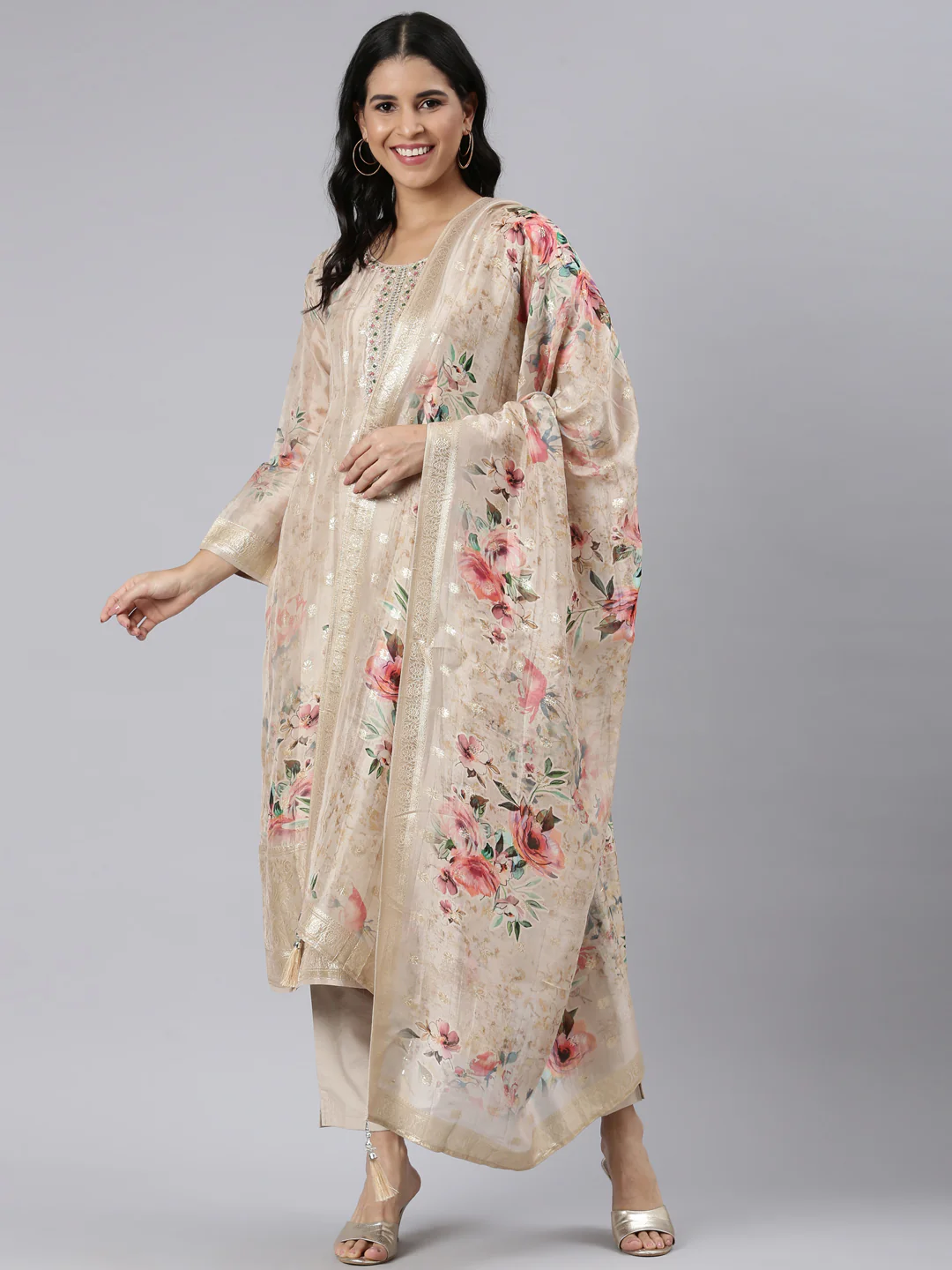 Neerus Gold Regular Straight Printed Kurta and Trousers With Dupatta - Image 5