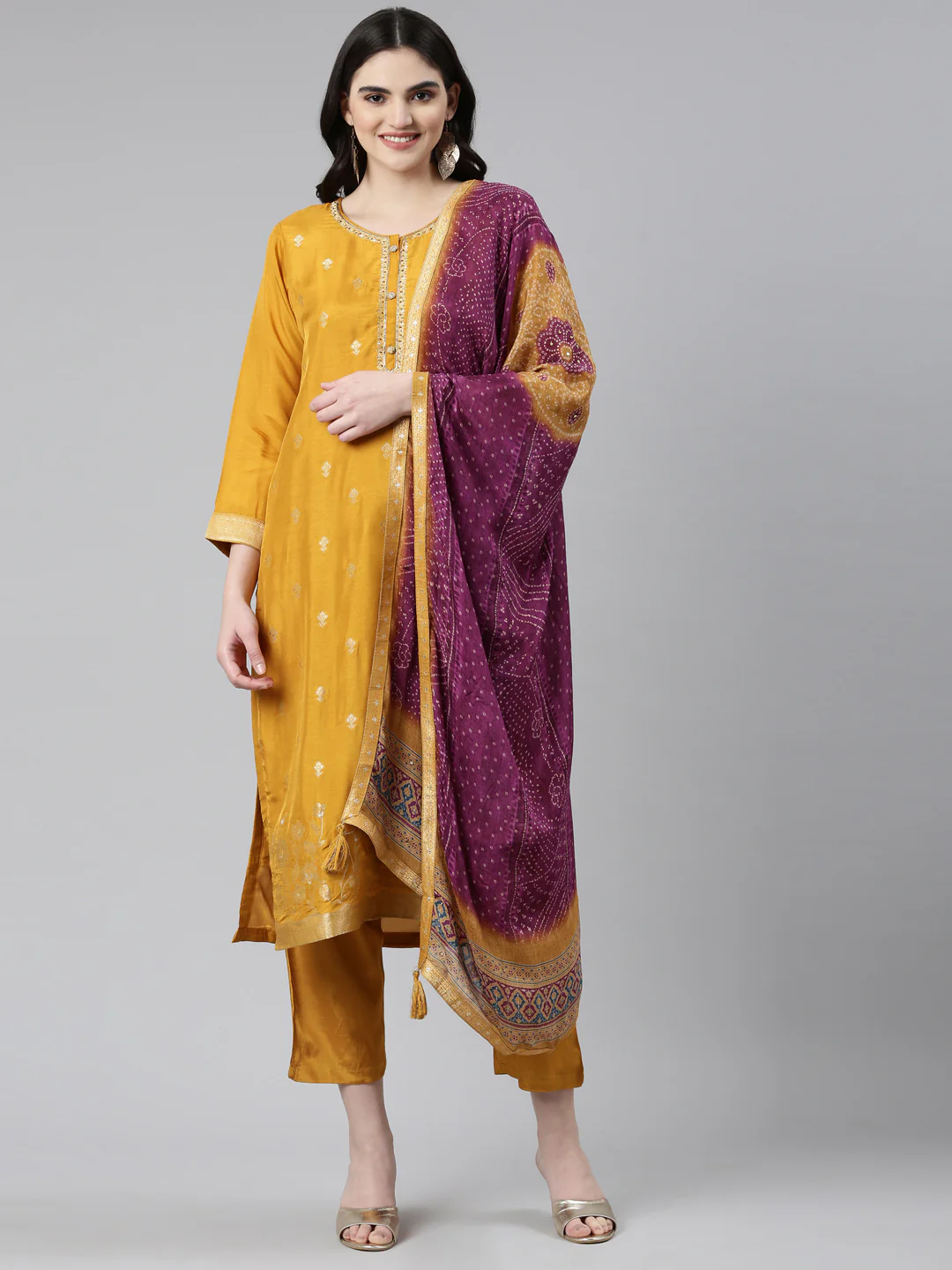 Neerus Gold Regular Straight Printed Readymade suits