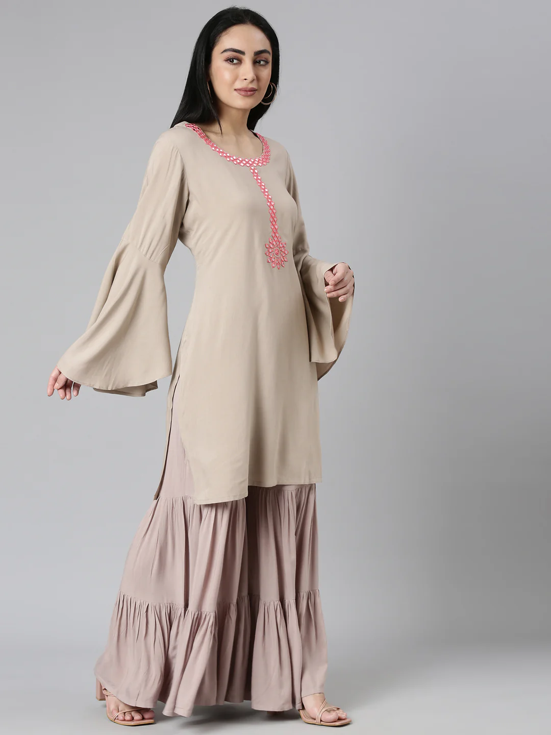 Neerus Gold Regular Straight Solid Kurta and Sharara - Image 2