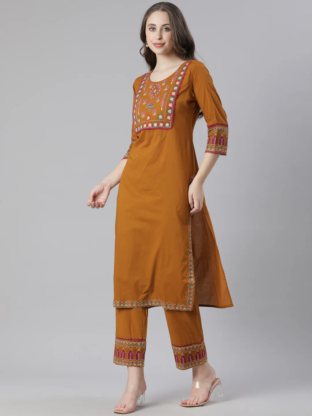 Neerus Gold Solid Straight Kurta and Trousers With Dupatta - Image 2