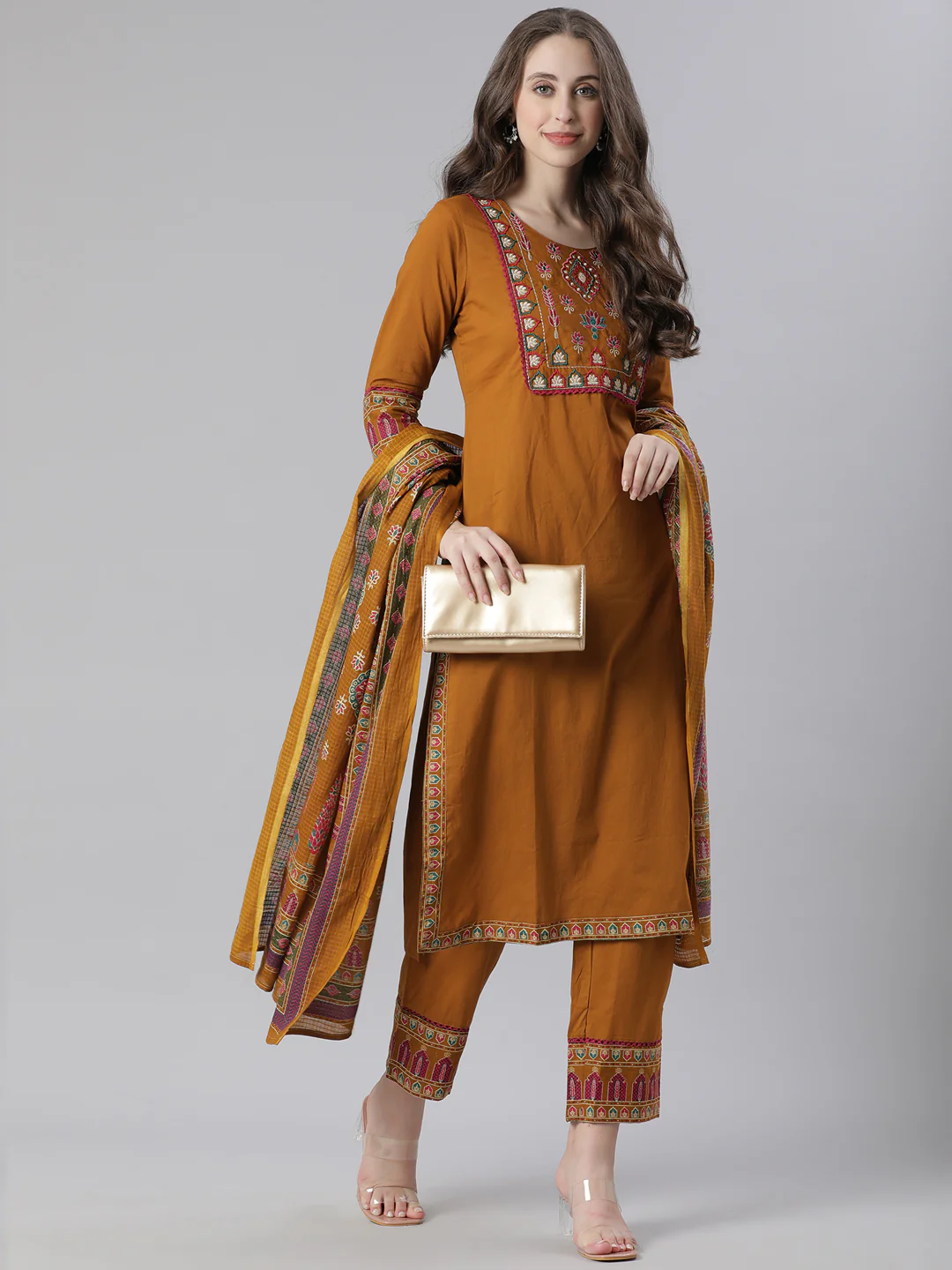 Neerus Gold Solid Straight Kurta and Trousers With Dupatta - Image 5