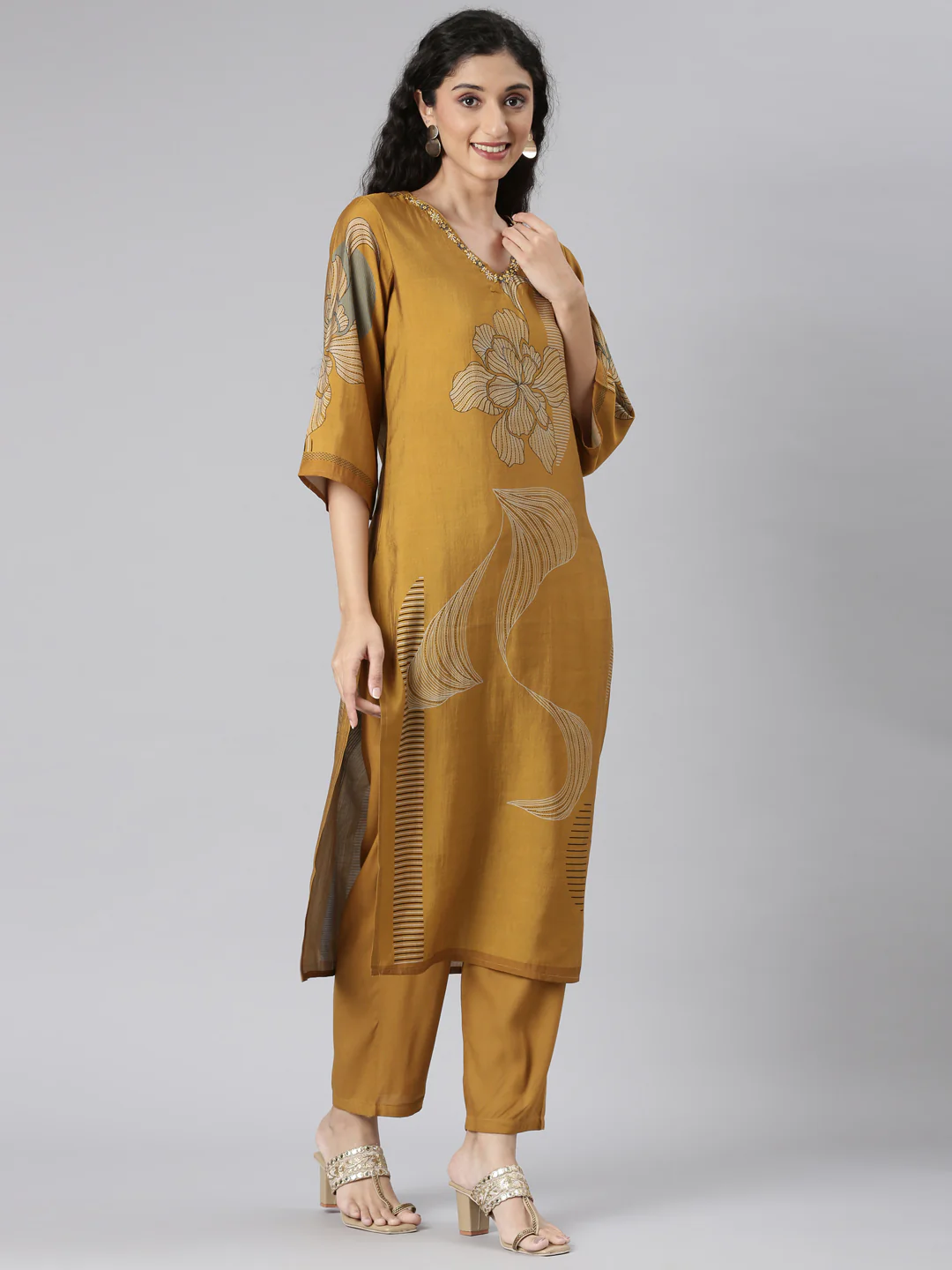 Neerus Gold Straight Casual Floral Kurta and Trouser with Dupatta - Image 3