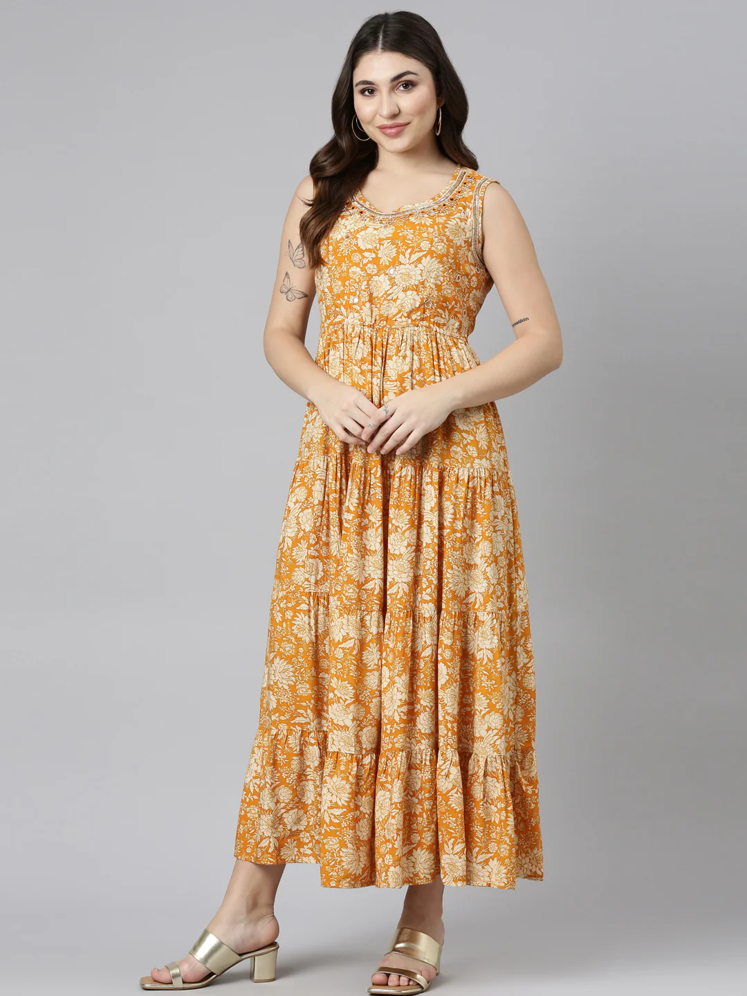 Neerus Gold Straight Casual Printed Gown - Image 5