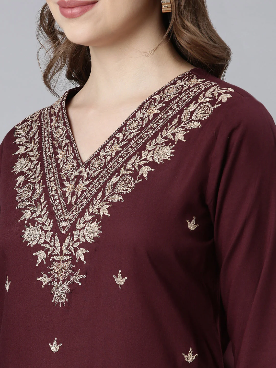 Neerus Grape Panelled Straight Ethnic Motifs Kurta And Churidar With Dupatta - Image 2