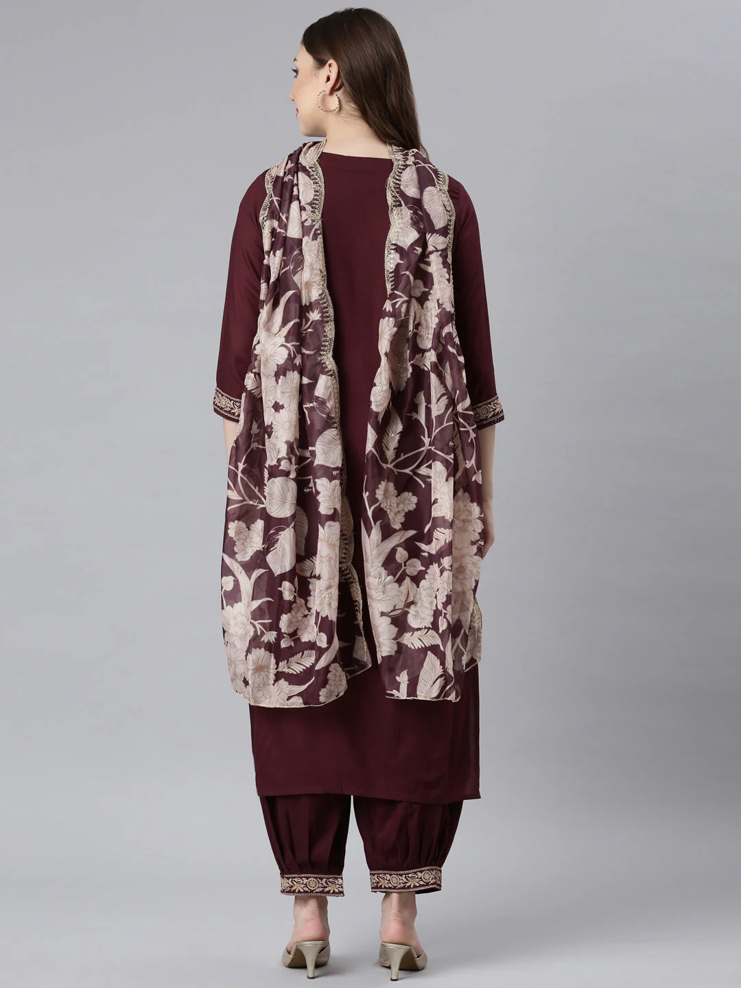 Neerus Grape Panelled Straight Ethnic Motifs Kurta And Churidar With Dupatta - Image 4
