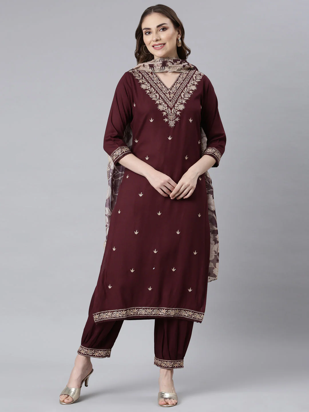 Neerus Grape Panelled Straight Ethnic Motifs Kurta And Churidar With Dupatta - Image 5