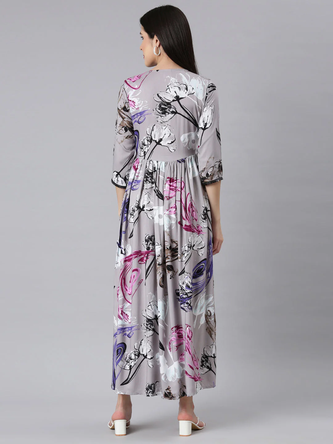 Neerus Grey Asymmetric Casual Floral Maxi Dresses - Image 3