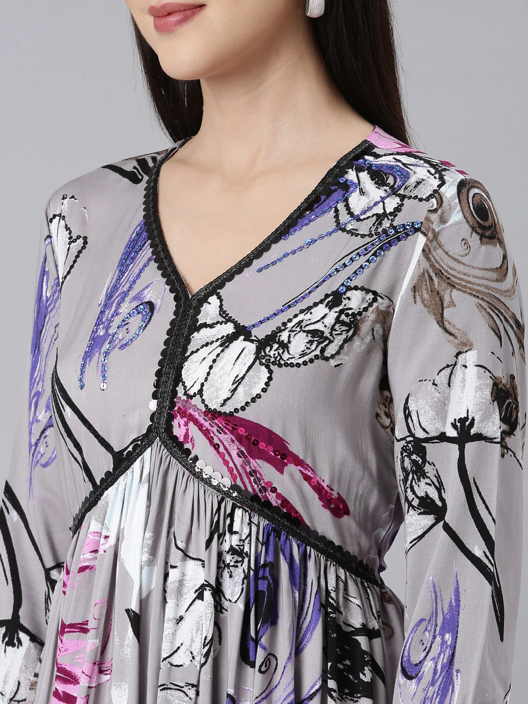 Neerus Grey Asymmetric Casual Floral Maxi Dresses - Image 5