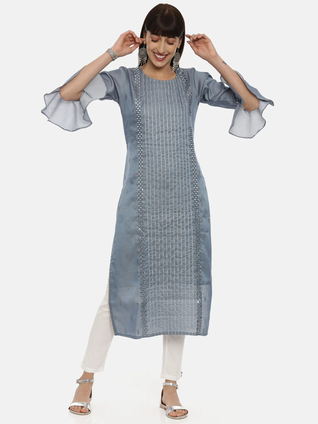 Neerus Gray Color Chanderi Fabric Tunic - Image 6