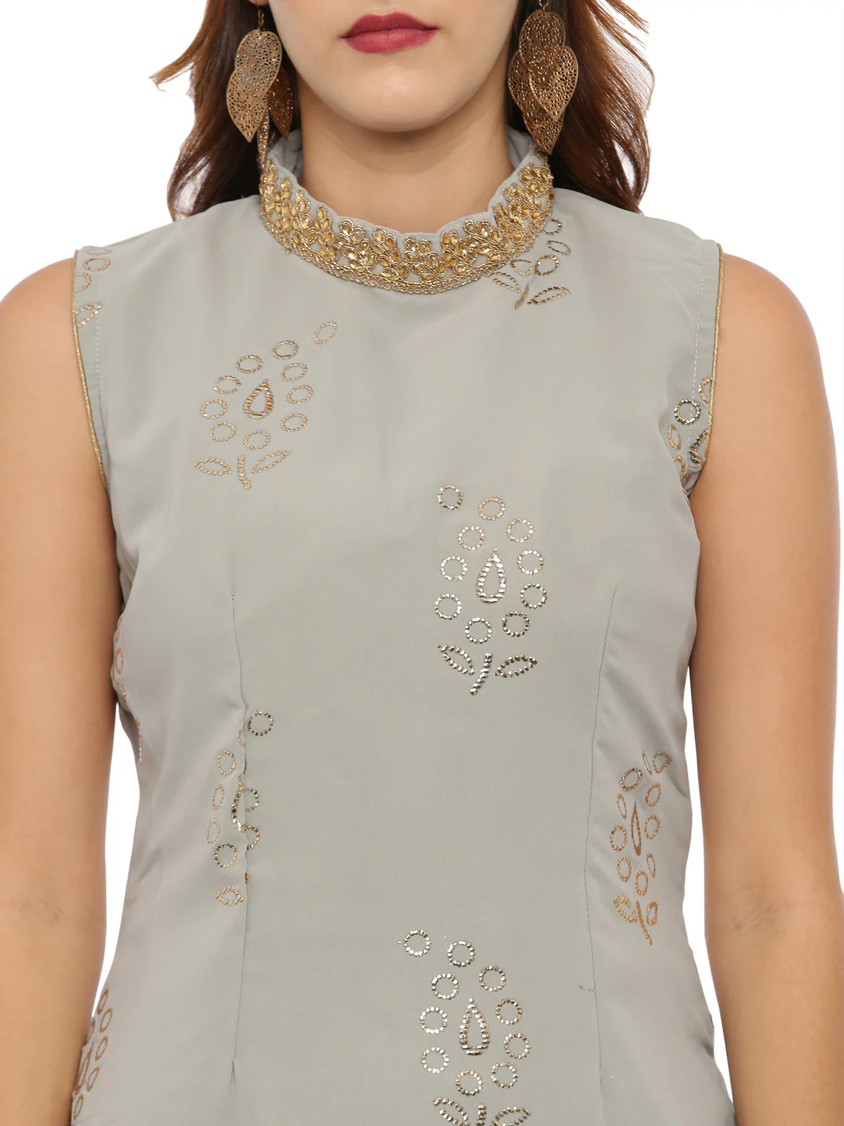 Neerus Gray Color Georgette Fabric Sleeveless Suit-Skirts - Image 2