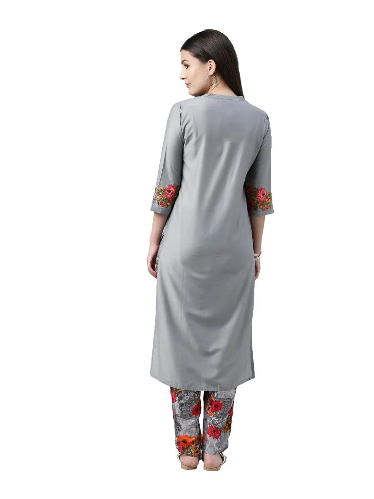 Neerus Gray Color Muslin Fabric Solid Kurta Floral Trouser - Image 3