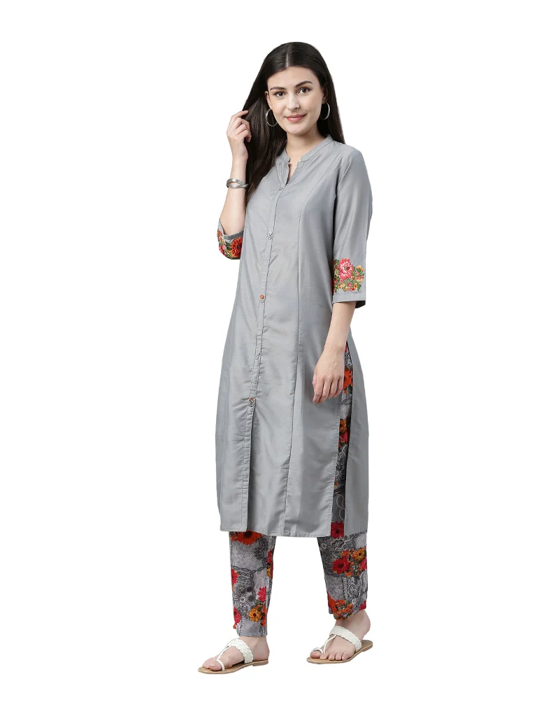 Neerus Gray Color Muslin Fabric Solid Kurta Floral Trouser - Image 5