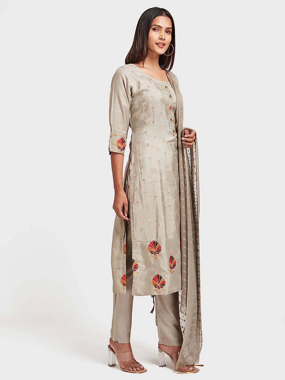 Neerus Gray Color Silk Fabric Suit-Pant - Image 2