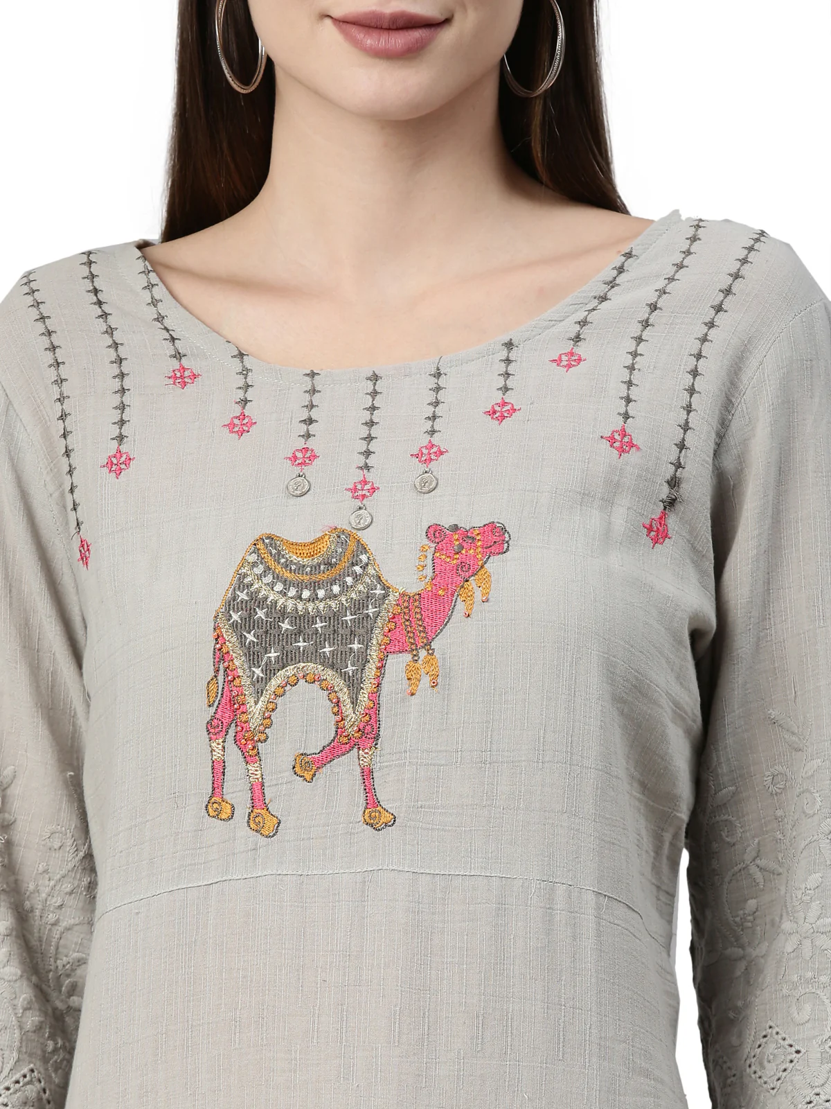 Neerus Grey Color Slub Cotton Fabric Kurta - Image 2