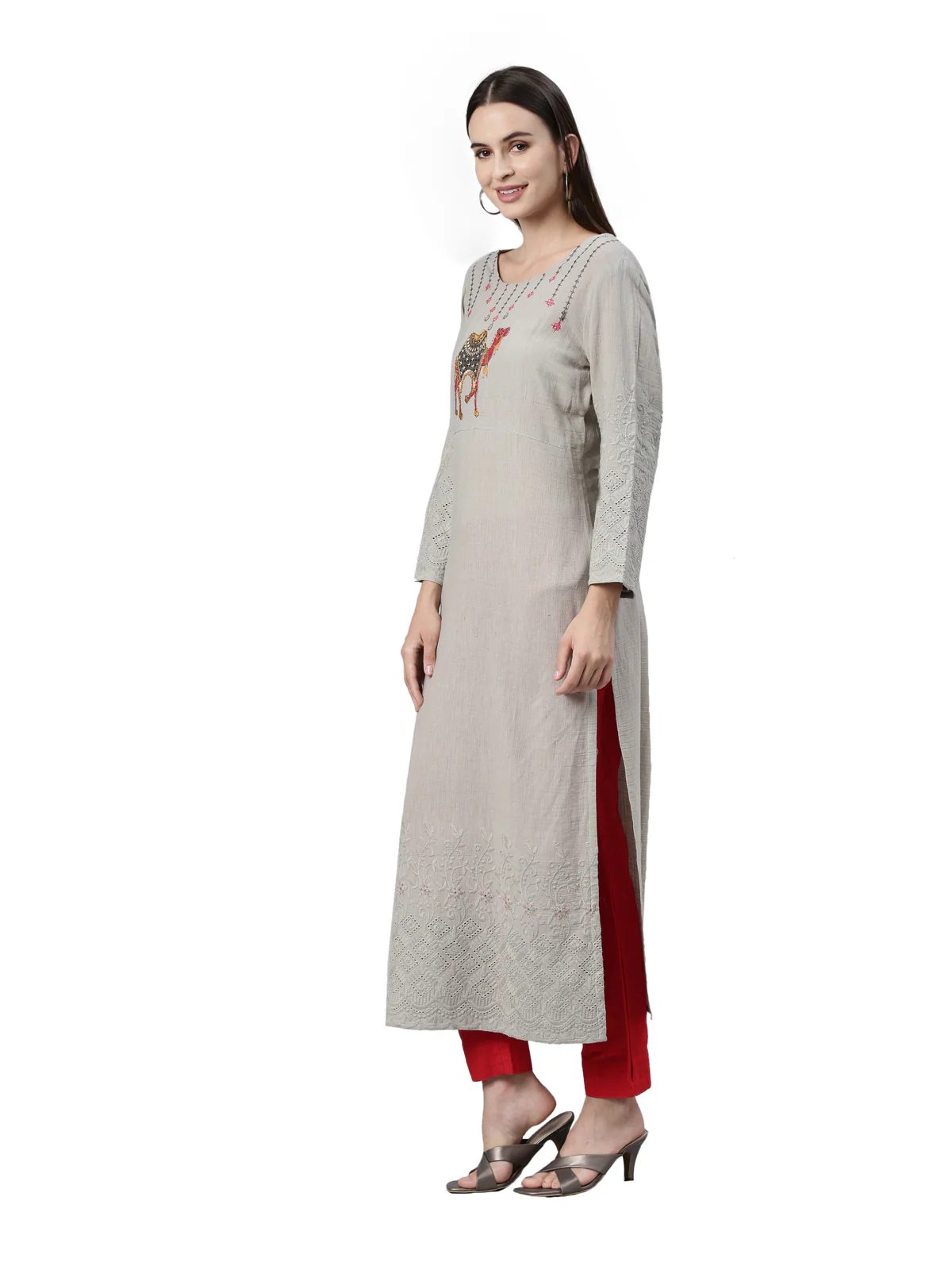 Neerus Grey Color Slub Cotton Fabric Kurta - Image 3
