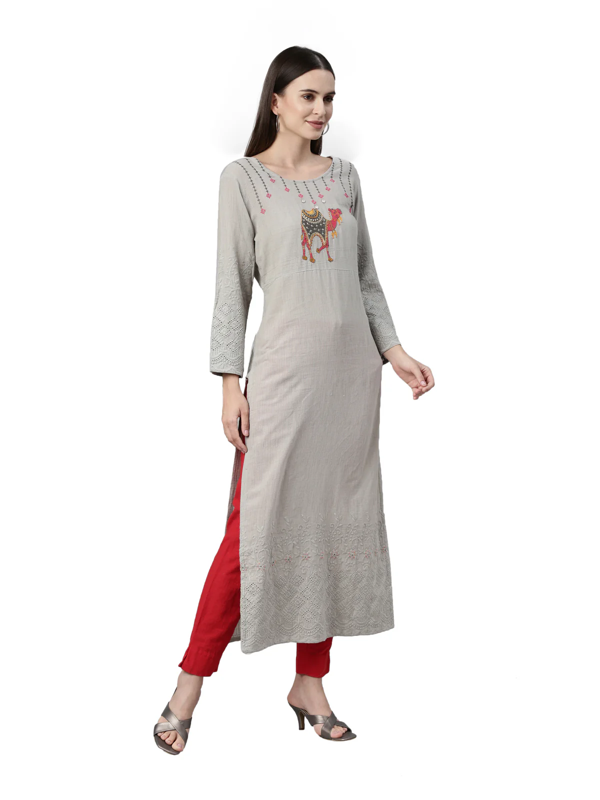 Neerus Grey Color Slub Cotton Fabric Kurta - Image 4