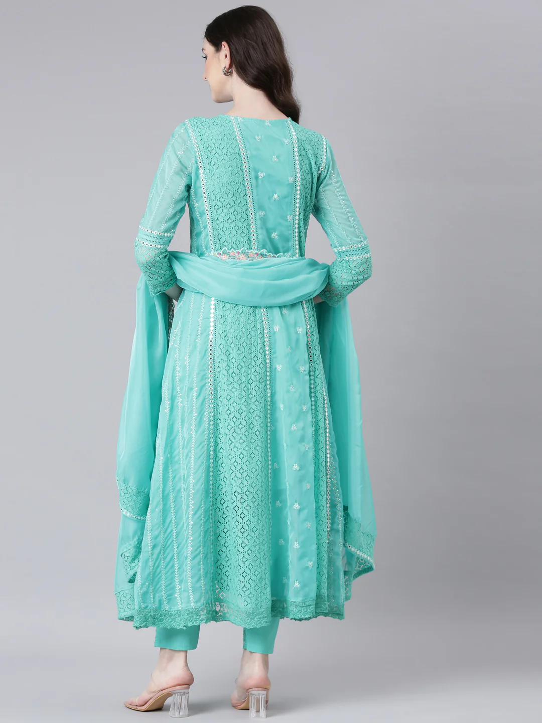 Neerus Green Anarkali Kurta and Trousers With Dupatta - Image 3