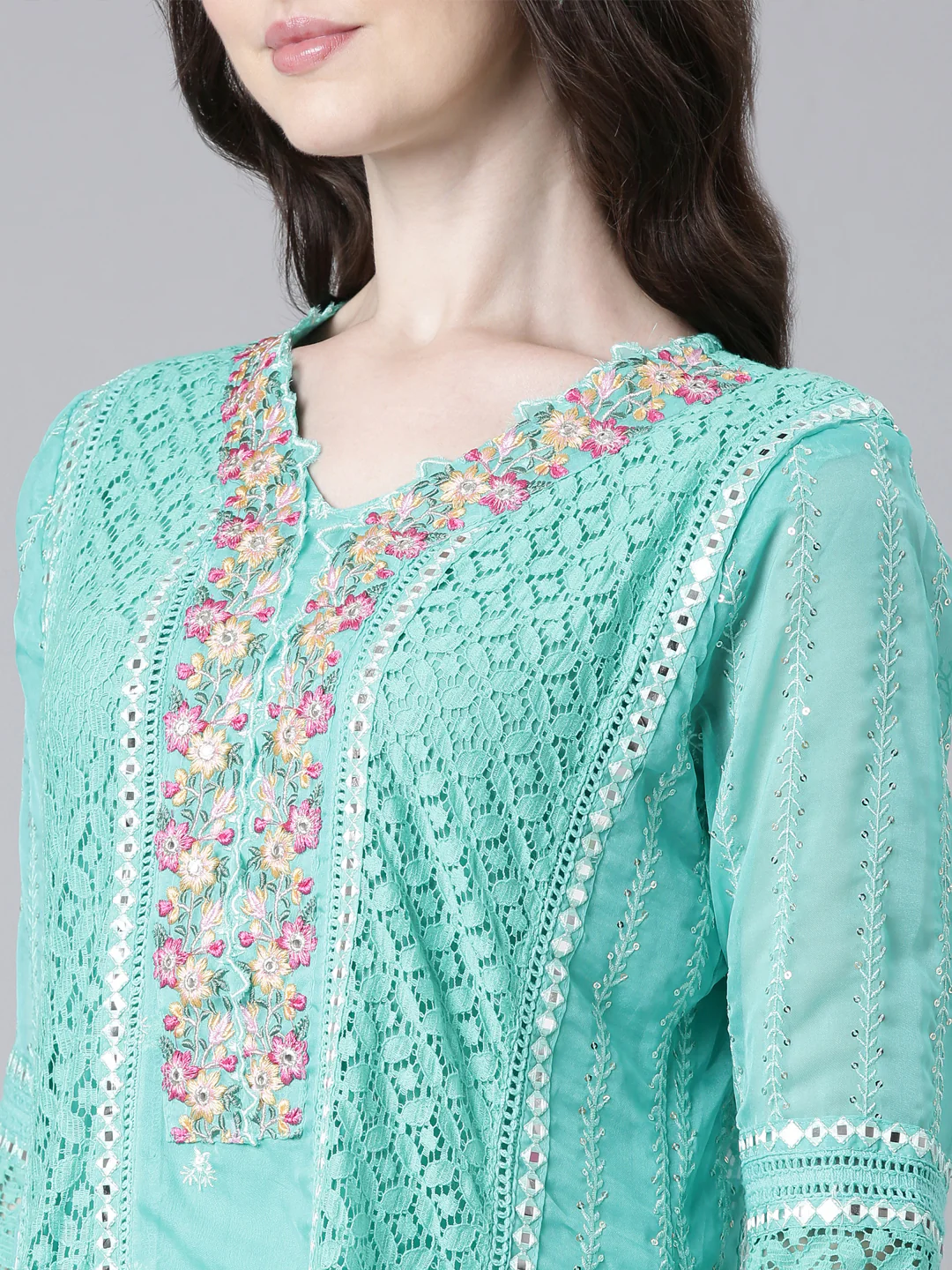 Neerus Green Anarkali Kurta and Trousers With Dupatta - Image 4