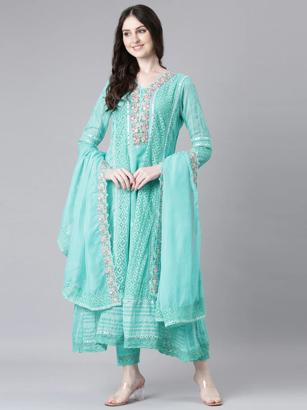 Neerus Green Anarkali Kurta and Trousers With Dupatta - Image 5