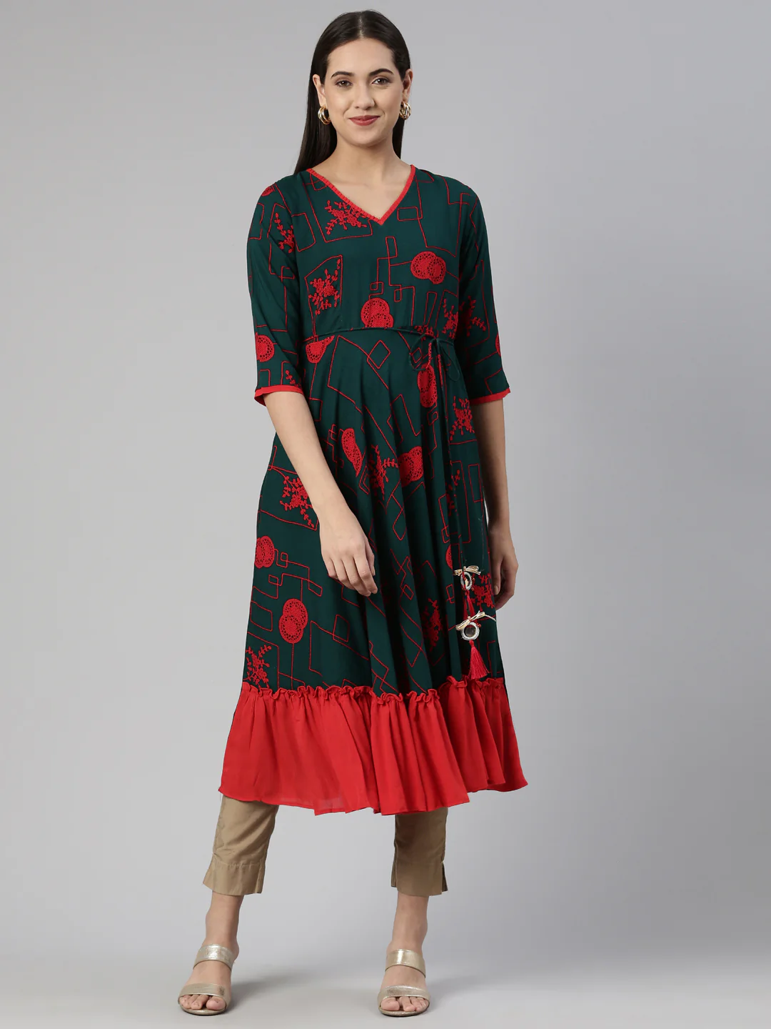 Neerus Green Anarkali Straight Cotton Kurta