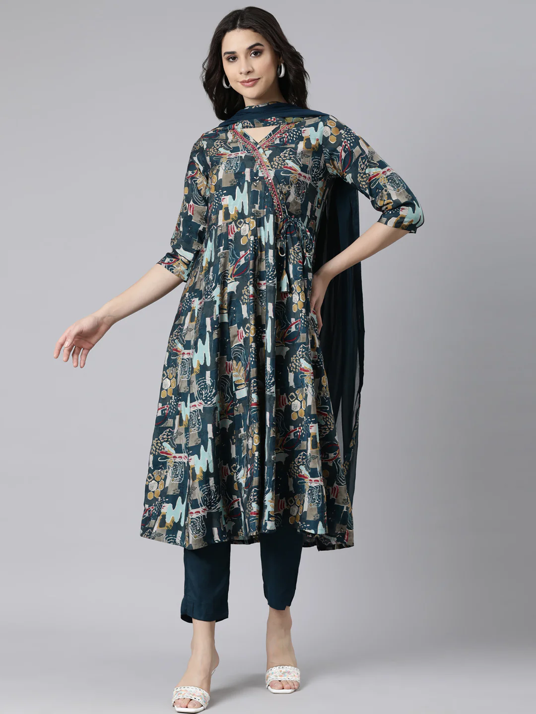 Neerus Green Angrakha Straight Floral Kurta And Trousers With Dupatta