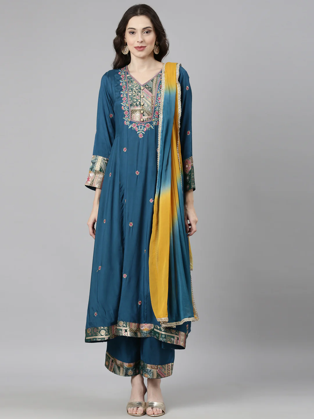 Neerus Green Casual Anarkali Kurta and Trousers With Dupatta