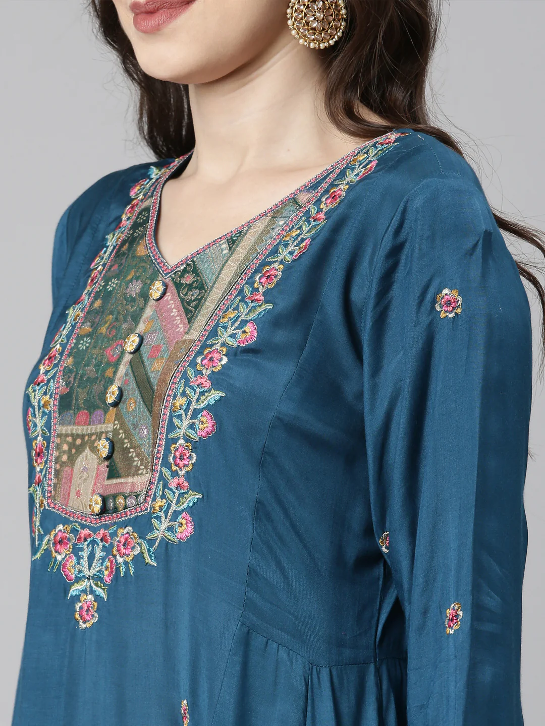 Neerus Green Casual Anarkali Kurta and Trousers With Dupatta - Image 5