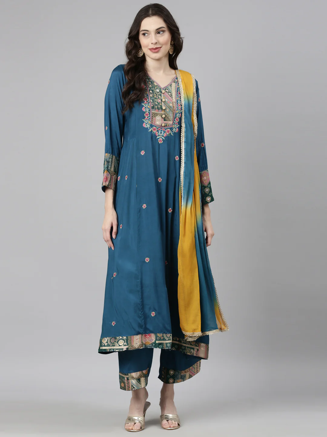 Neerus Green Casual Anarkali Kurta and Trousers With Dupatta - Image 6