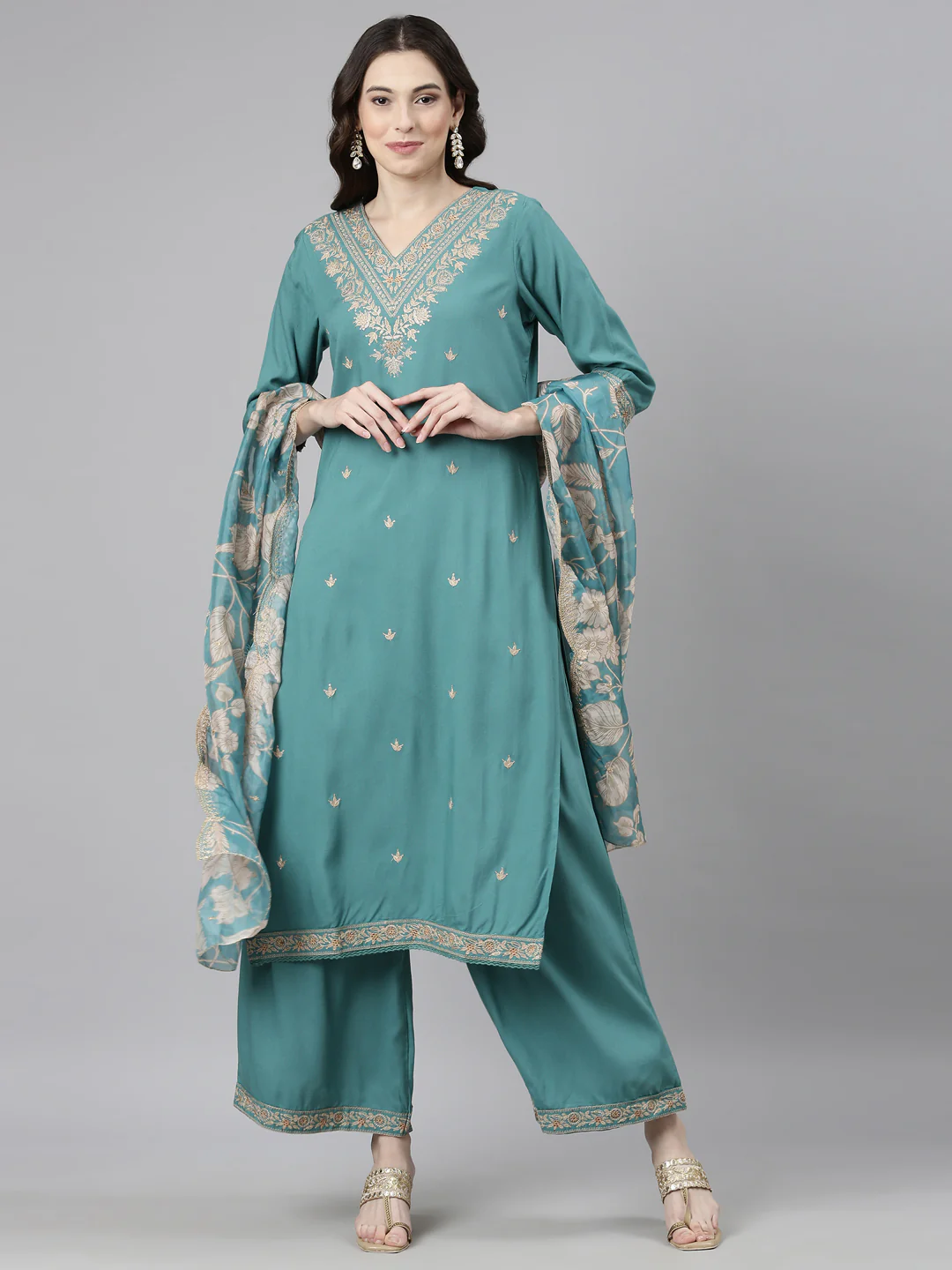 Neerus Green Casual Ethnic Motifs Straight Kurta and Palazzos With Dupatta