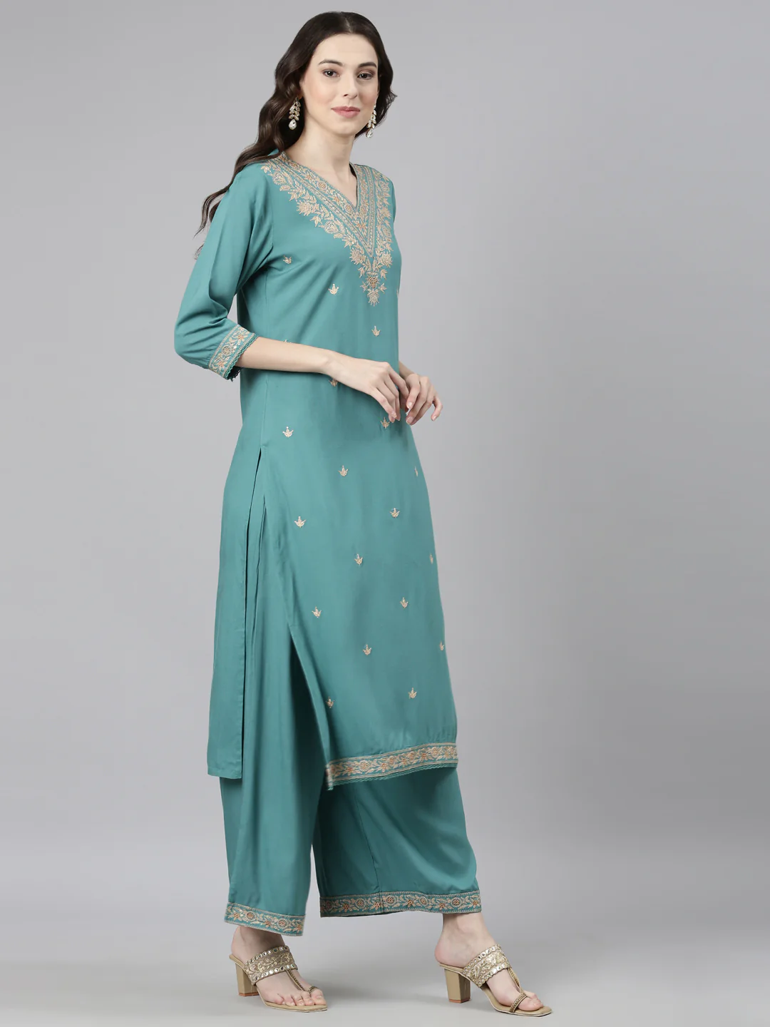 Neerus Green Casual Ethnic Motifs Straight Kurta and Palazzos With Dupatta - Image 3