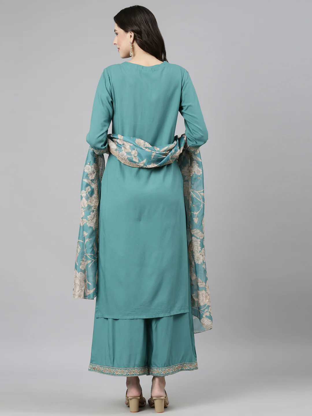 Neerus Green Casual Ethnic Motifs Straight Kurta and Palazzos With Dupatta - Image 4