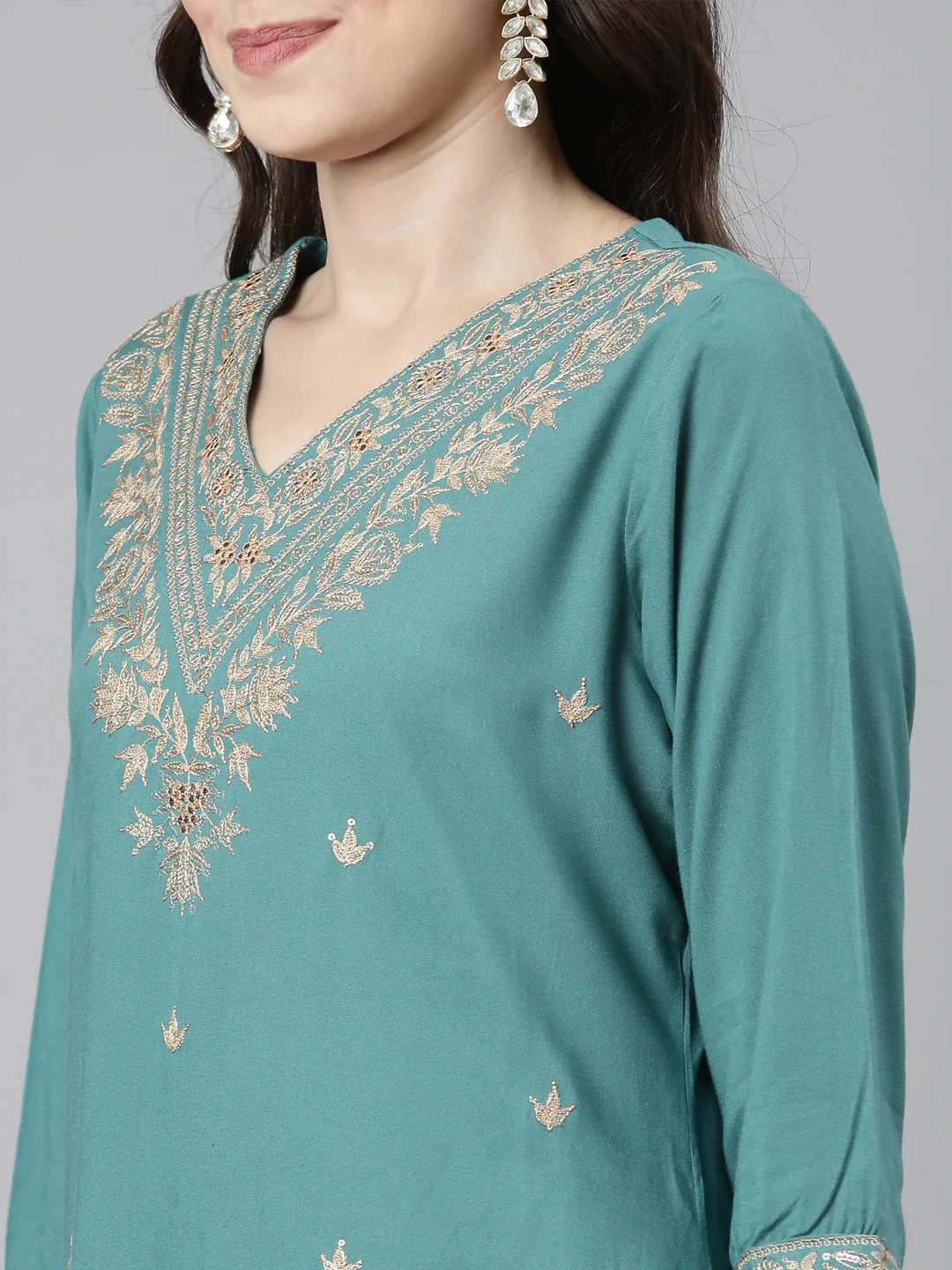 Neerus Green Casual Ethnic Motifs Straight Kurta and Palazzos With Dupatta - Image 5