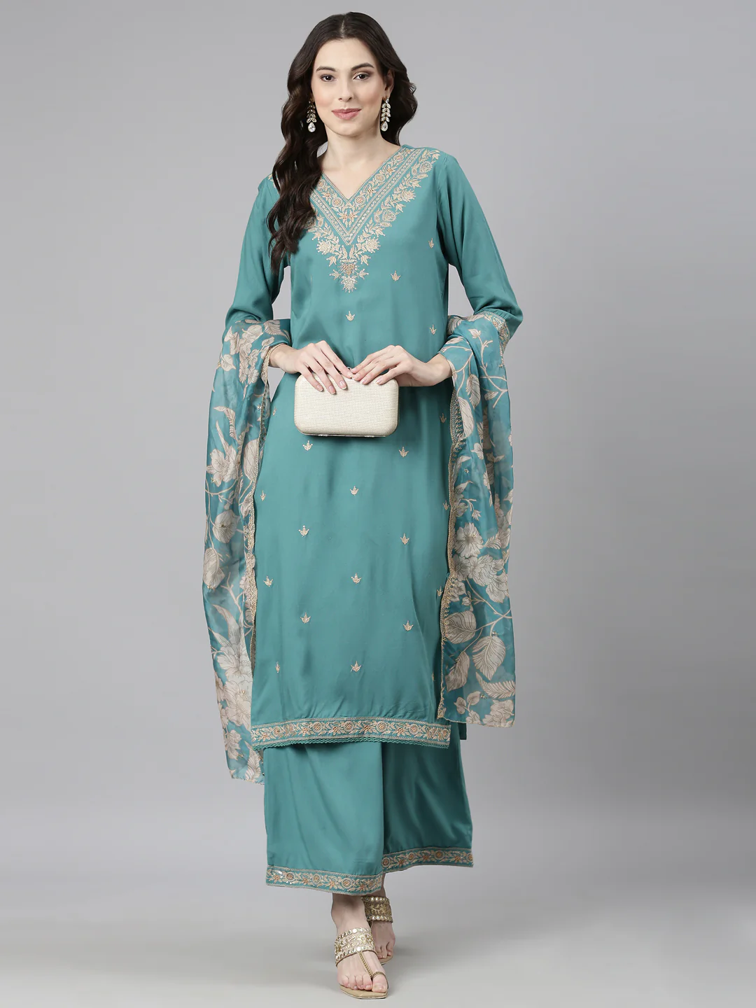 Neerus Green Casual Ethnic Motifs Straight Kurta and Palazzos With Dupatta - Image 6