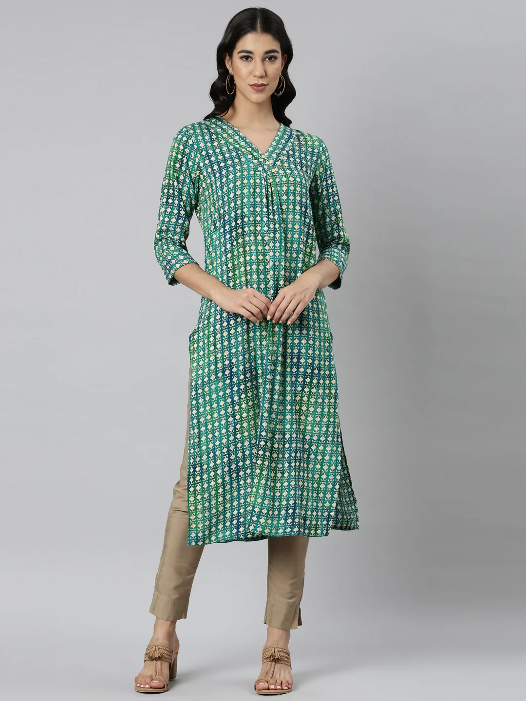 Neerus Green Casual Ethnic Motifs Straight Kurta