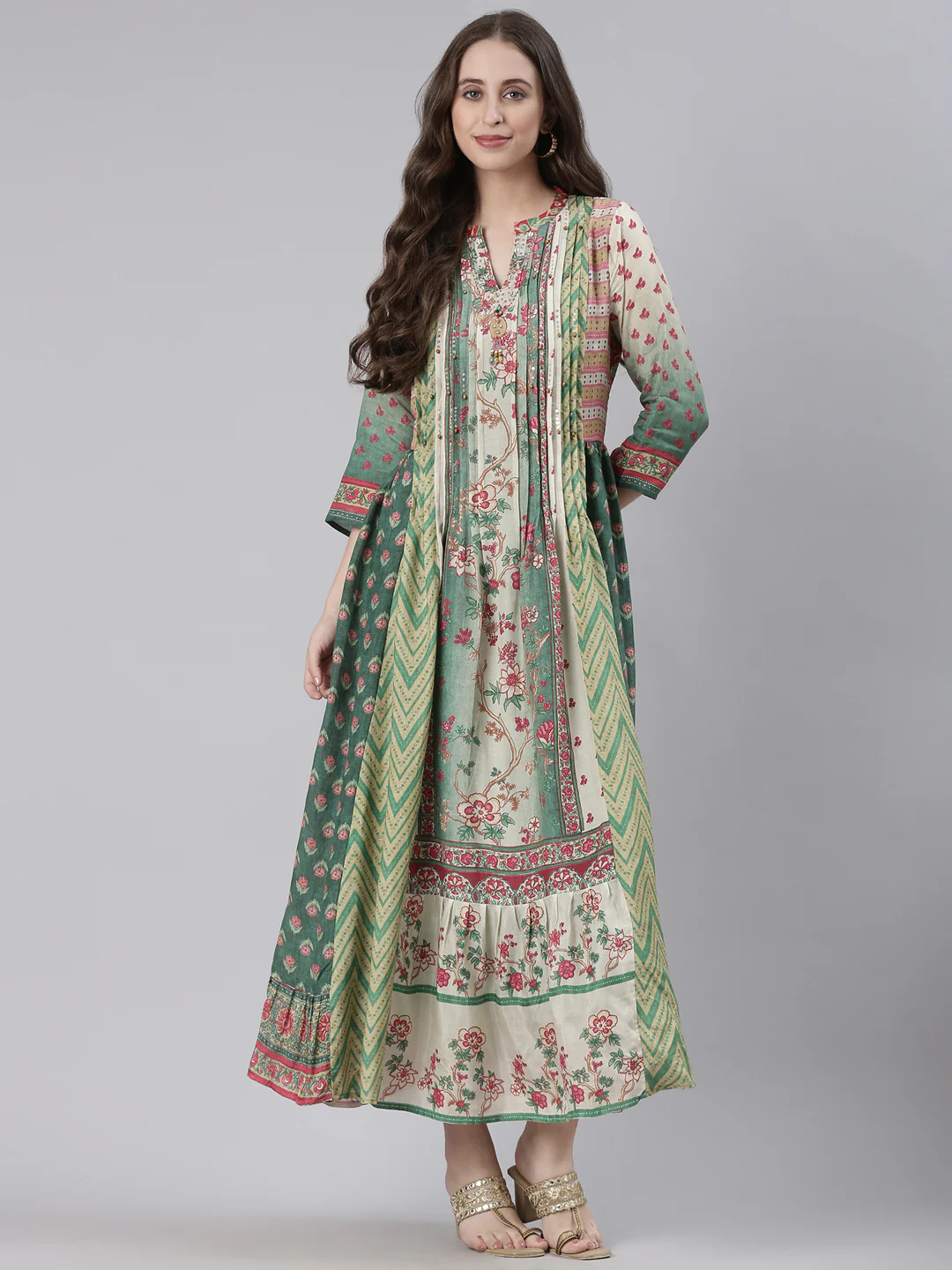 Neerus Green Casual Floral Maxi Dresses - Image 5