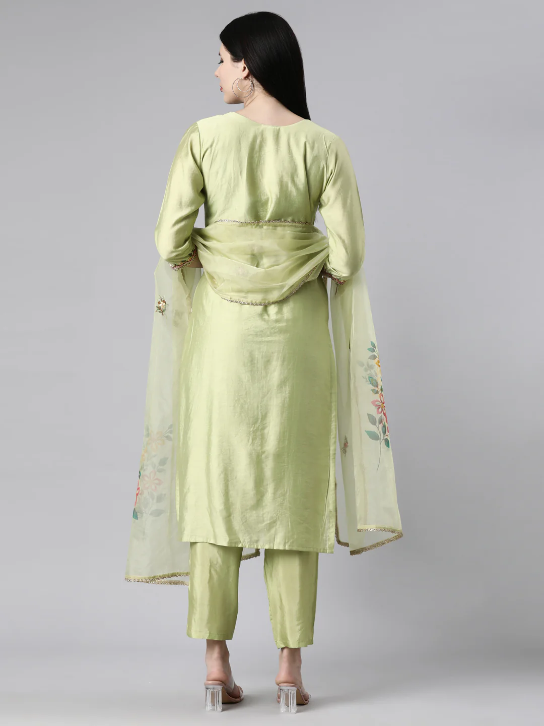 Neerus Green Casual Floral Straight Kurta and Trousers With Dupatta - Image 4