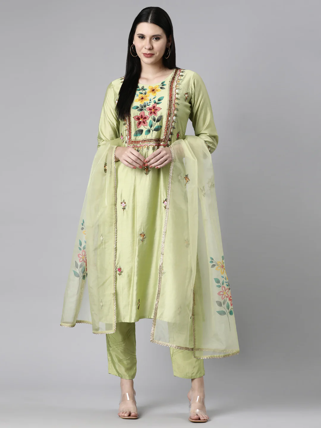 Neerus Green Casual Floral Straight Kurta and Trousers With Dupatta - Image 6