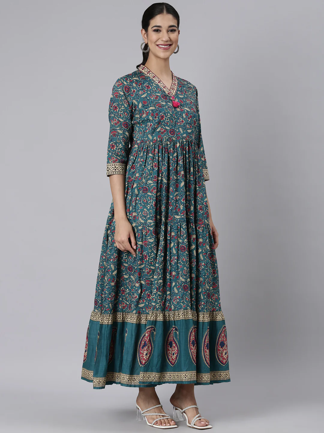 Neerus Green Casual Maxi Floral Dresses - Image 2