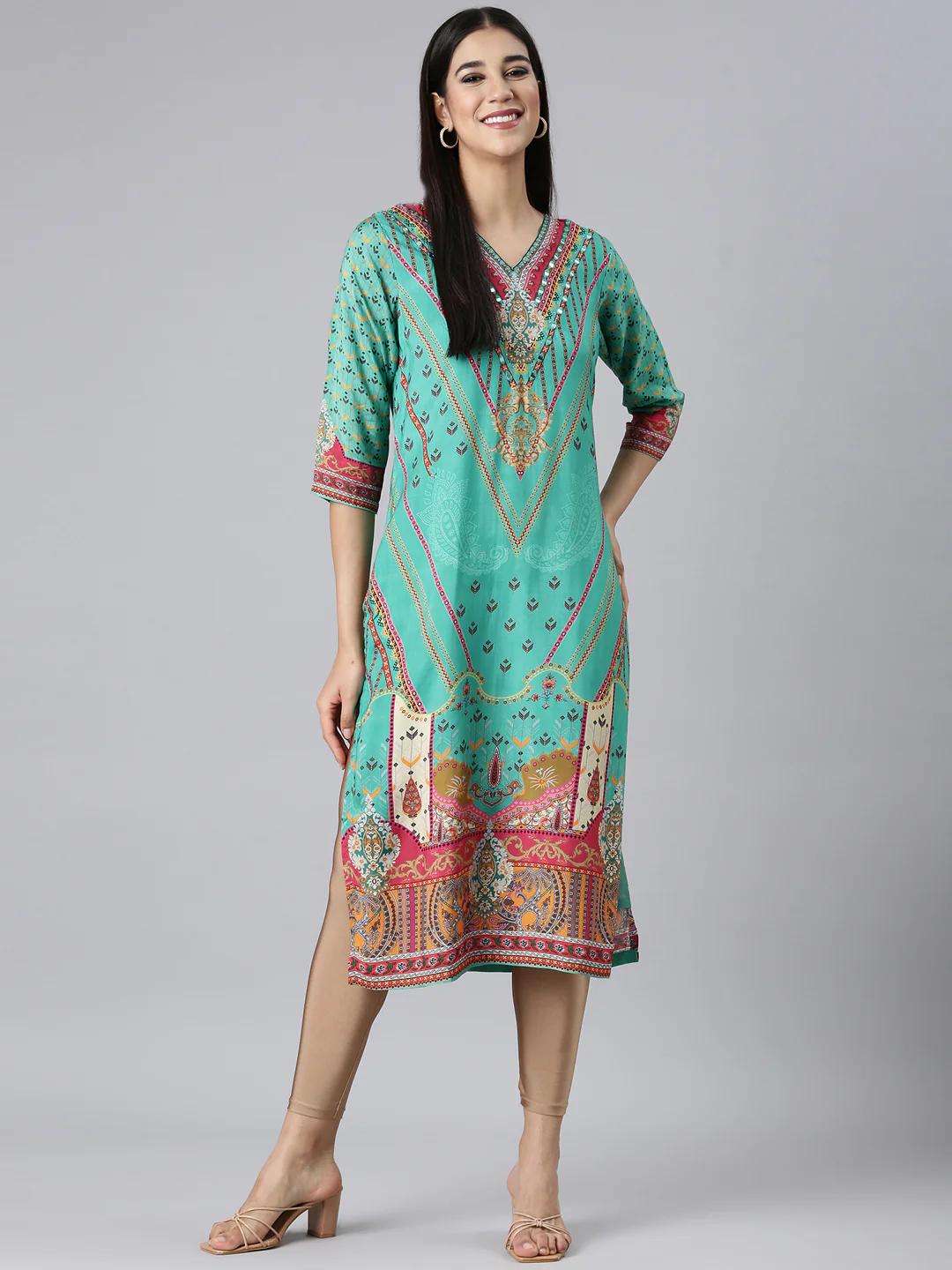 Neerus Green Casual Paisley Straight Kurta - Image 5