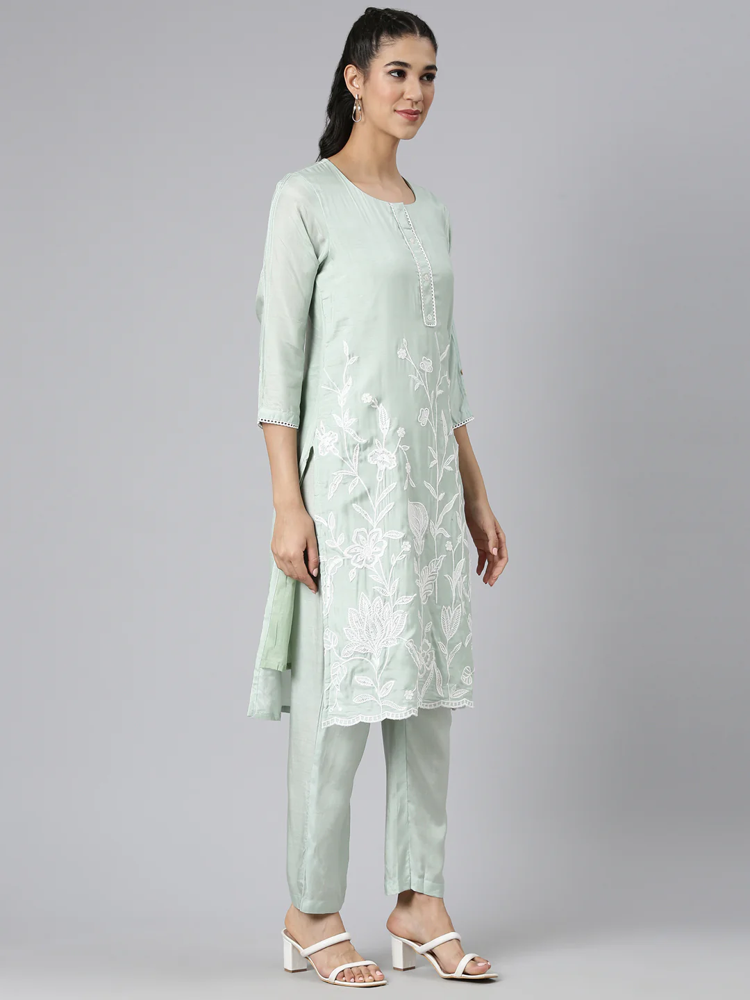 Neerus Green Casual Solid Straight Kurta and Trousers - Image 2