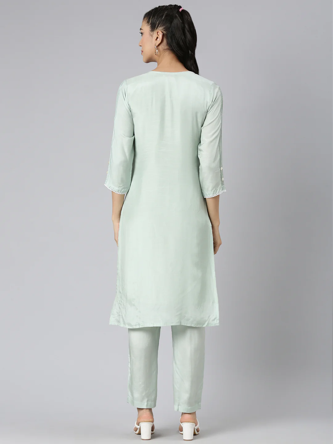 Neerus Green Casual Solid Straight Kurta and Trousers - Image 3