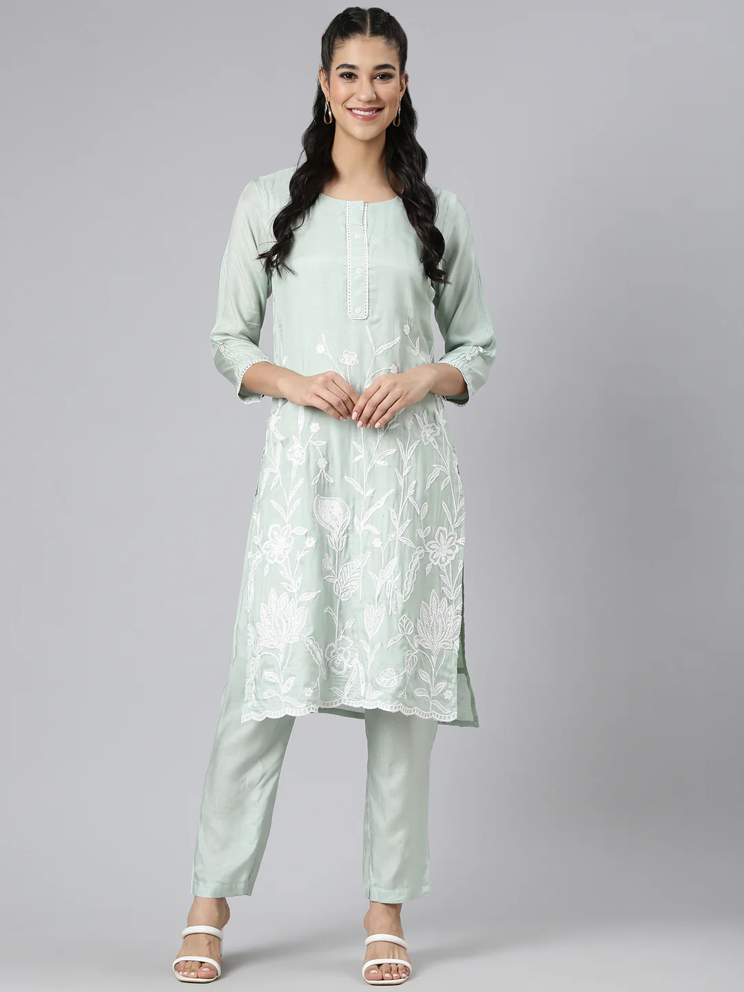 Neerus Green Casual Solid Straight Kurta and Trousers - Image 5